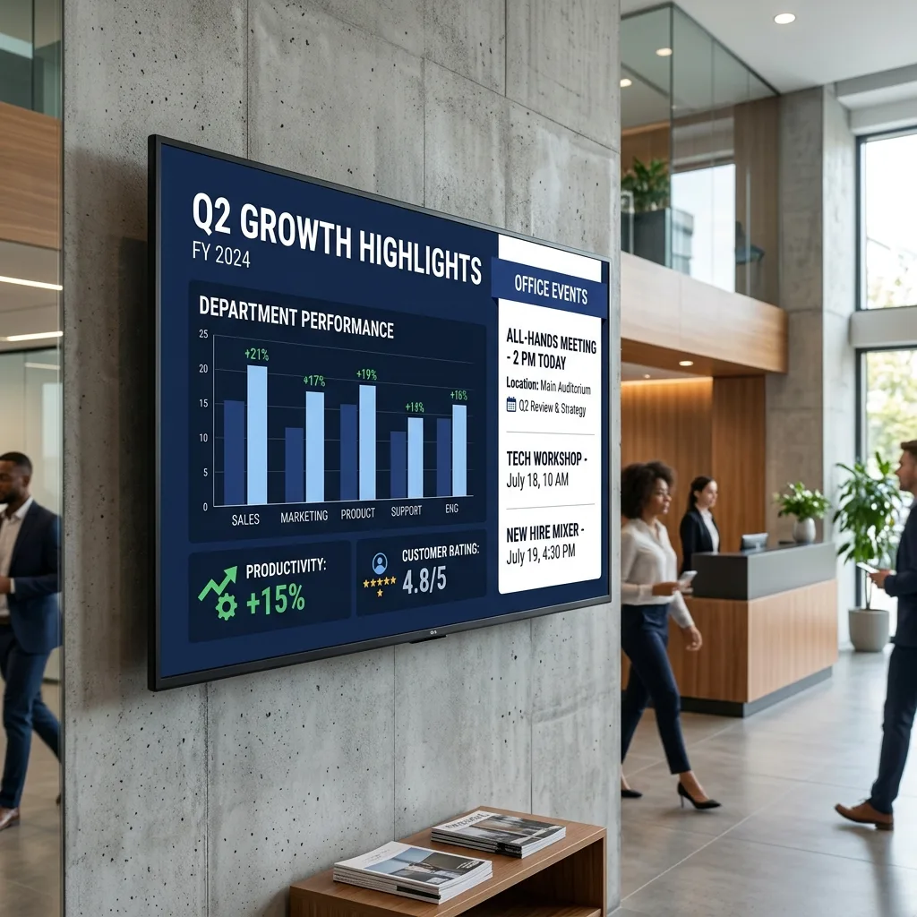 Performance dashboard TV display in a corporate office lobby