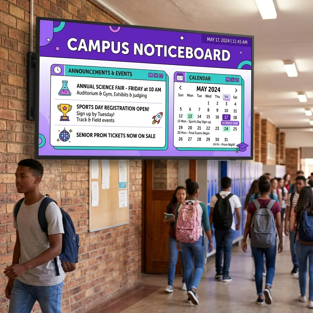 Bulletin board notice TV in a school corridor