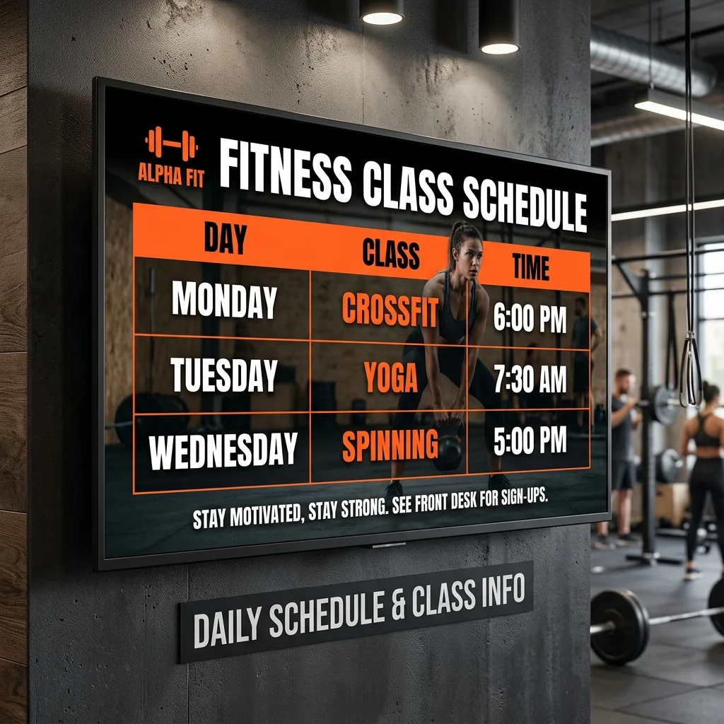 Class schedule timetable TV display in a gym lobby