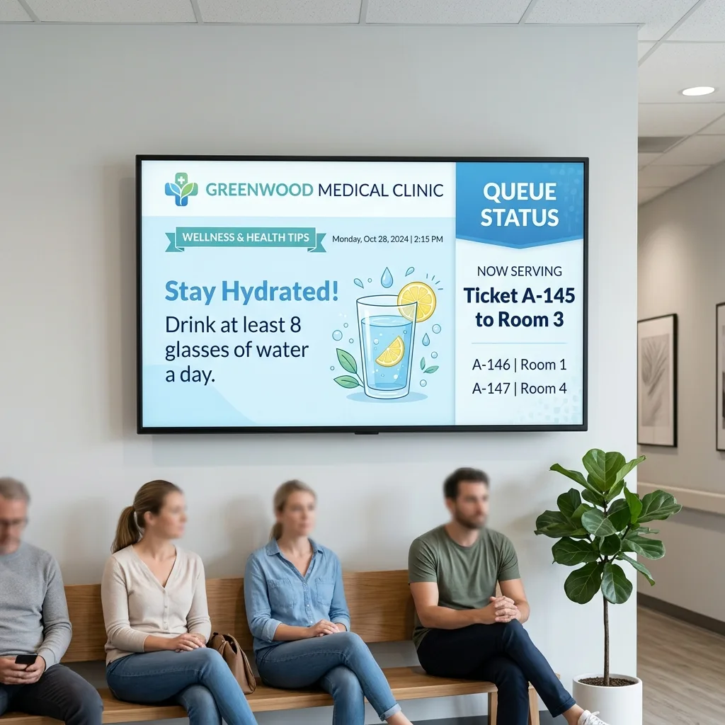 Clinical queue status display TV in a waiting room