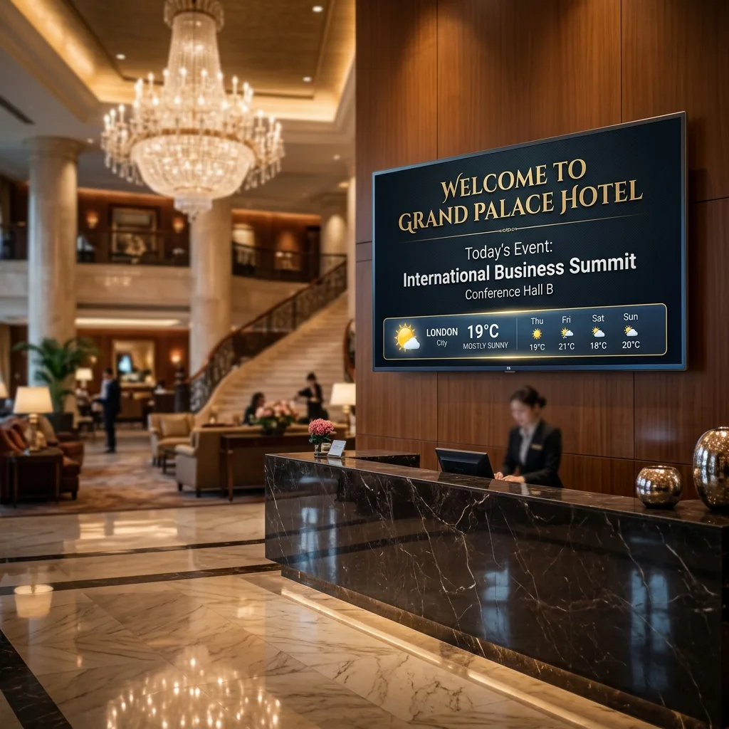 Lobby info display TV welcoming guests in a hotel lounge