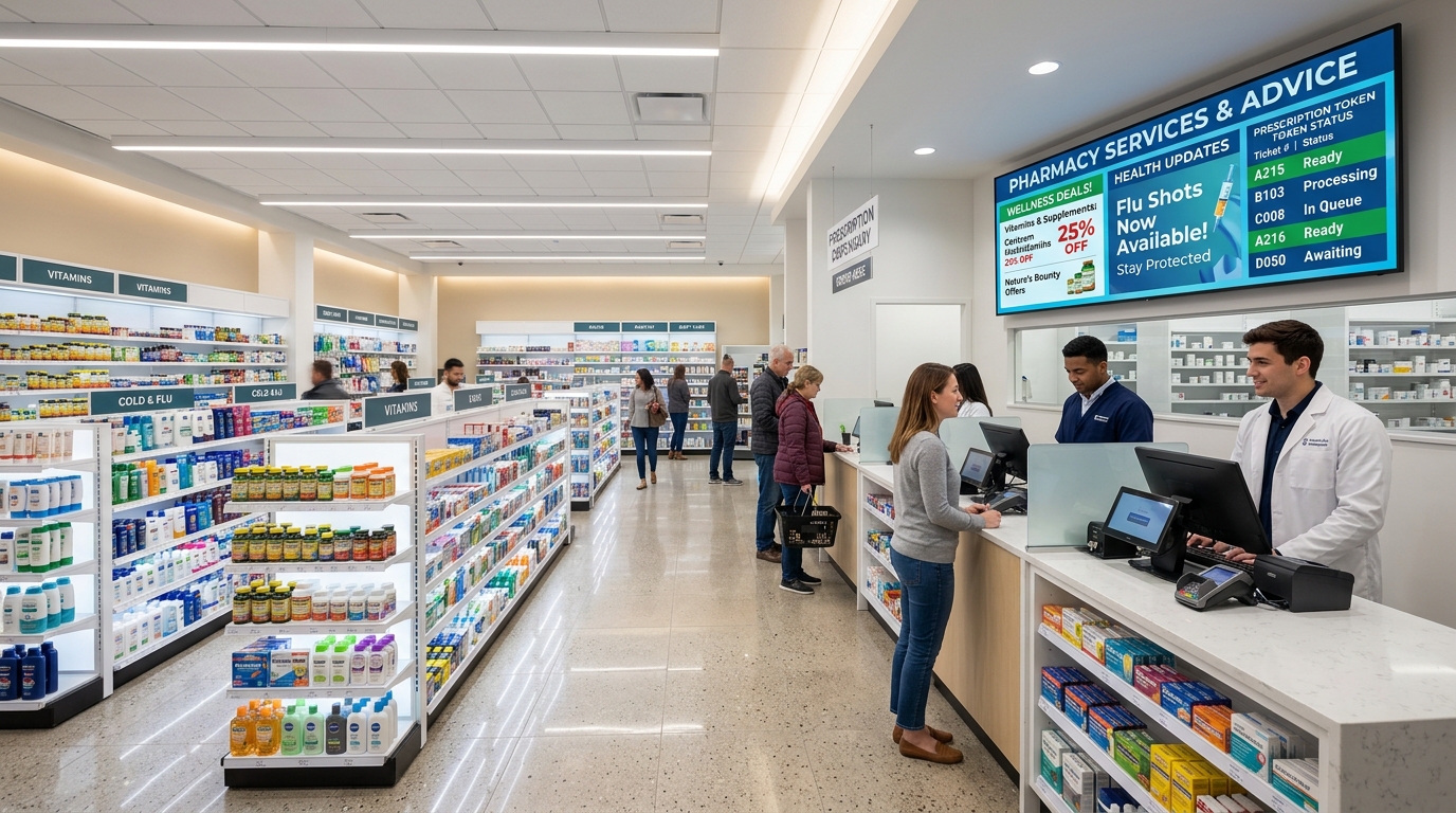 24-Hour Pharmacy Digital Signage Display with Medical Ads and Token Queue