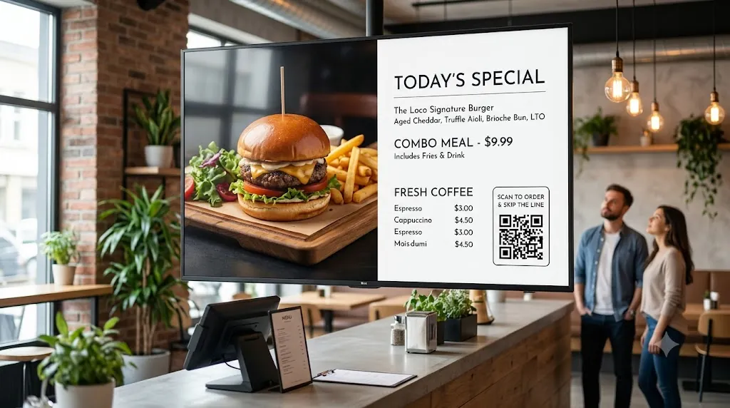 Loco Smart Digital Menu Board Software running on restaurant TV