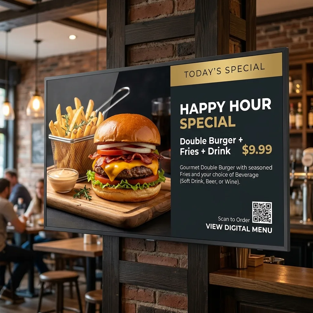TV screen showing digital menu board Happy Hour Special in a restaurant