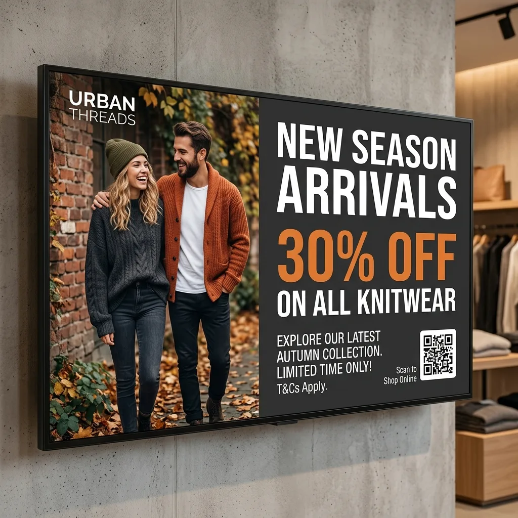 Promo display TV showing New Season Arrivals in a clothing store