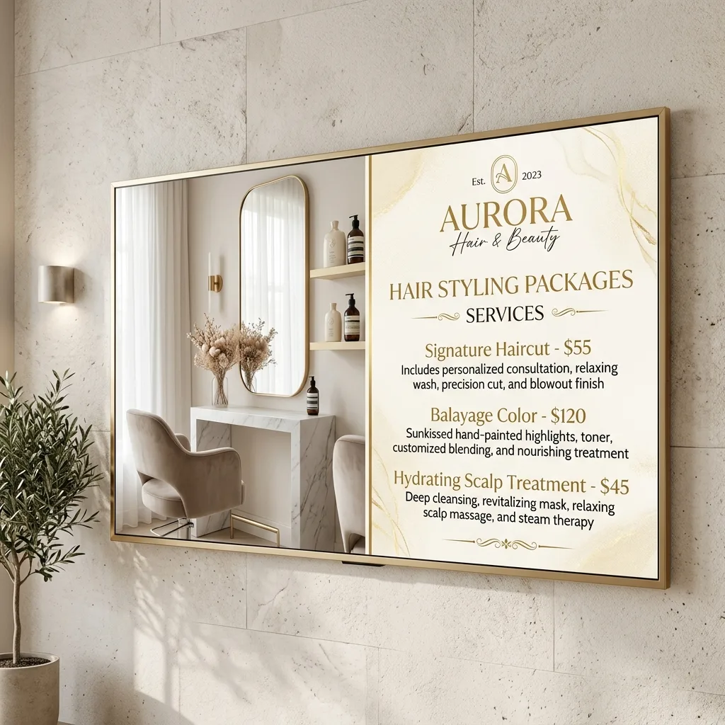 Salon pricing list TV display showing styling packages and treatments